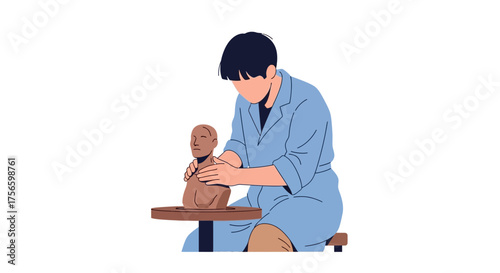 Person shaping clay bust on pottery wheel wearing a lab coat