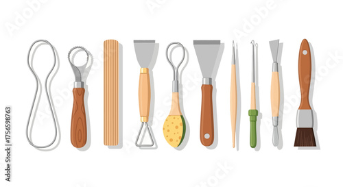 Pottery tools lined up with different shapes sizes and materials