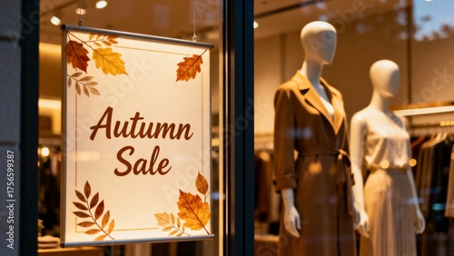 Autumn sale sign displayed near mannequins in a boutique window  