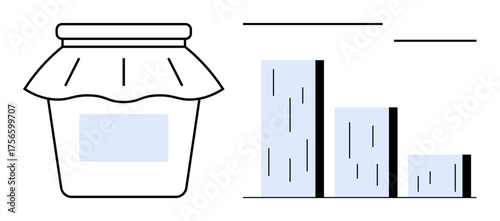 Jar with fabric cover and blank label beside bar graph in minimal style. Ideal for business, growth, analysis, agriculture, economy, sustainability, and minimal concepts. Simple flat metaphor