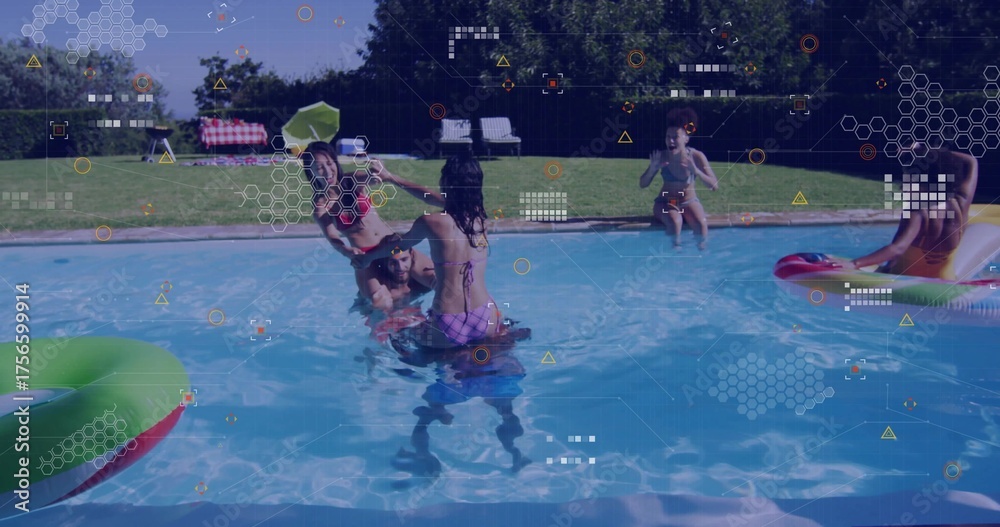 Naklejka premium Playing group of six friends tossing multicolored beach ball in backyard pool, with inflatables