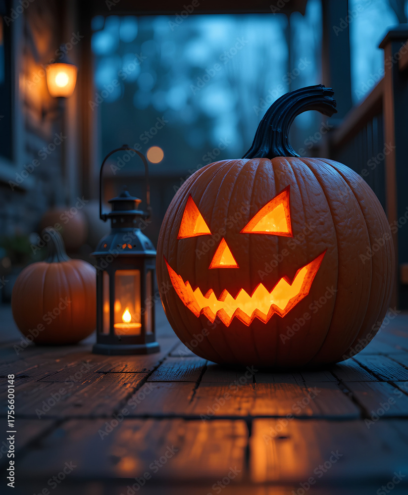 Fototapeta premium Glowing Festive Halloween Porch with Warm Orange Pumpkin Jack-O'-Lantern