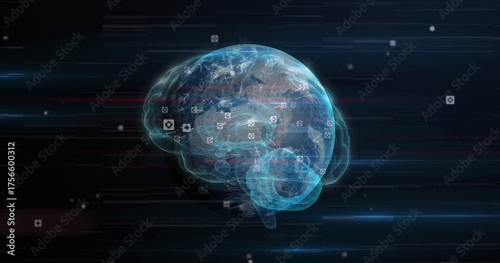 Fototapeta premium Showing brain shaped overlay wrapping around Earth globe in digital space with floating data icons