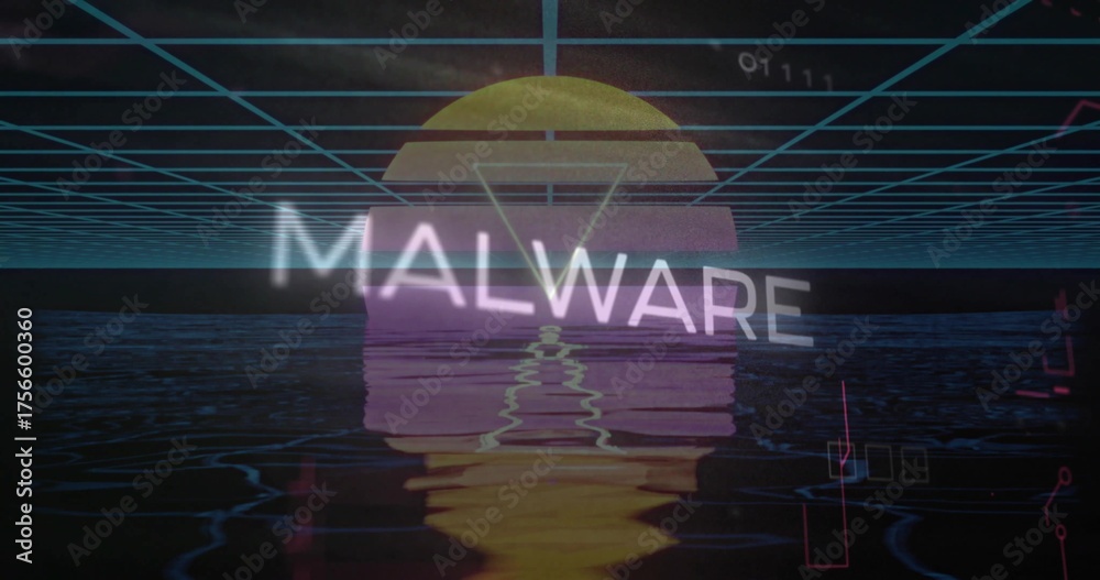 Fototapeta premium Floating MALWARE text moving over neon grid and rippling water, with glowing sun and binary code