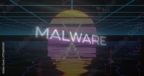 Floating MALWARE text moving over neon grid and rippling water, with glowing sun and binary code