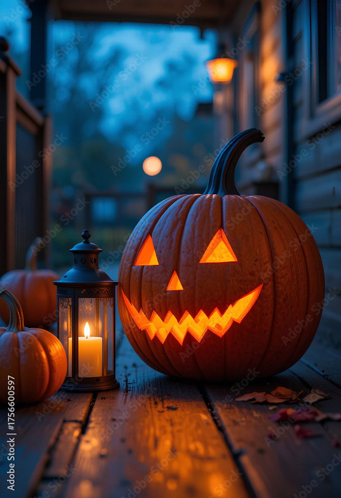Fototapeta premium Festive Halloween Porch Decor with Glowing Warm Orange Pumpkin Jack-O'-Lantern