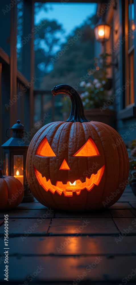 Obraz premium Halloween Night with Spooky Warm Orange Pumpkin Jack-O'-Lantern on Porch