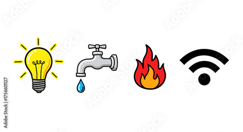 Bright cartoon icons representing light, water, fire, and wifi for creative projects and educational materials, visually engaging and easily recognizable symbols