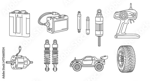 Detailed blueprint of RC car parts including battery, shocks, tires, and remote control for hobbyists and engineering projects with clear design