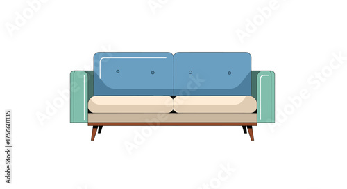 Stylish mid-century modern sofa with blue and beige cushions provides a clean, comfortable look for your interior design projects and lifestyle needs