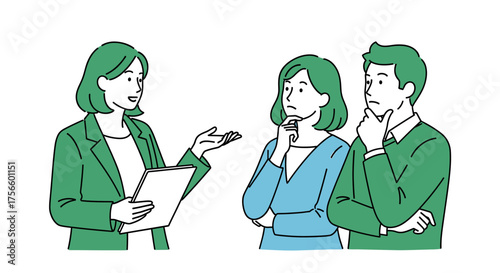 Woman presenting innovative ideas to thoughtful colleagues, sparking collaboration and strategic thinking in a modern workplace environment, fostering success