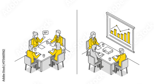 Dynamic business meeting illustration showcasing collaborative teamwork and successful growth strategies, perfect for modern presentations and marketing materials
