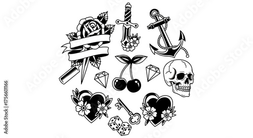 Classic tattoo flash art featuring skull, rose, anchor, heart, diamond, dice, key, dagger and cherries adds edgy vintage cool to your creative projects