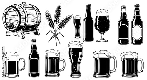 Craft beer design elements featuring beer barrel, bottles, glasses and wheat, perfect for brewery branding and rustic pub menus with vintage appeal