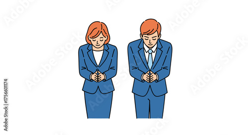 Professional business team exhibiting respect and gratitude with a traditional bow of appreciation, symbolizing teamwork and cultural sensitivity in global business