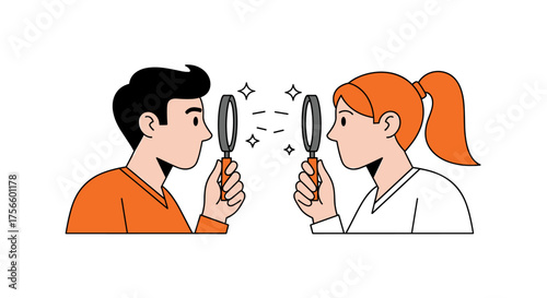 Two people exploring ideas with magnifying glasses, discovering insights and finding solutions, teamwork leading to innovation and success together
