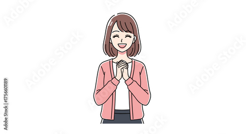 Cheerful woman with hands clasped, radiating warmth and positive energy, perfect for expressing hope, gratitude, or making a heartfelt request
