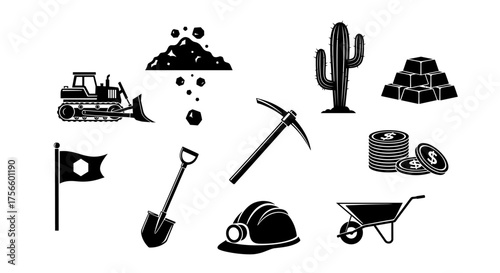 Explore the black and white world of mining with this collection of tools and resources, perfect for illustrating industry or adventure projects