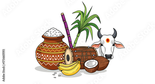 Celebrate the vibrant harvest festival of Pongal with this colorful graphic featuring traditional elements like a cow, pot, sugarcane, and bananas