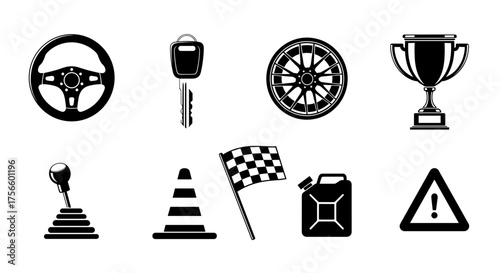 Race day icons including steering wheel, trophy, checkered flag, and other racing elements for automotive enthusiasts and motorsports fans