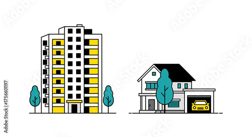 Modern living choices apartment building and house with car, reflecting urban and suburban lifestyles, perfect for real estate and financial planning visuals