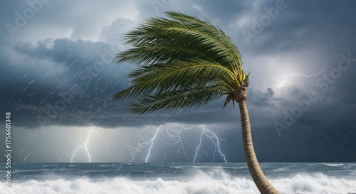 A palm tree bends in a violent storm, lightning strikes over the ocean
