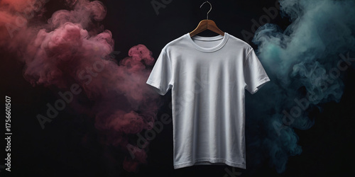 A clean white t-shirt mockup centered on a black background, dramatically accented by plumes of swirling white smoke framing the sides of the garment