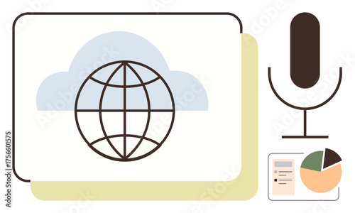 Cloud with global icon, microphone, and analytics chart emphasizing online communication, podcasting, remote work, broadcasting, technology, cloud computing virtual presentation. Ideal for digital