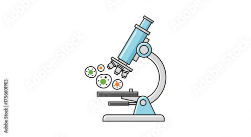 Microscope with cells for scientific research and medical analysis in laboratory, vector illustration of biology equipment