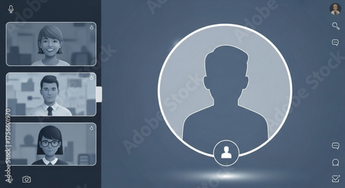 A virtual meeting interface with three participants displayed on the left and a larger profile placeholder on the right, all on a blue background