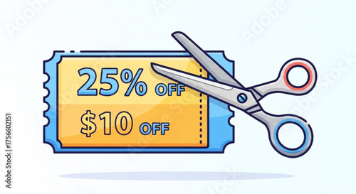 A coupon with scissors cutting a discount, , representing savings, deals, and promotional offers for shoppers