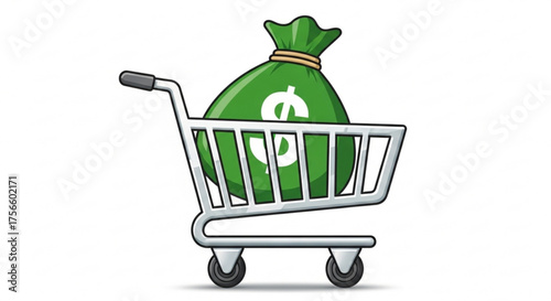 A green bag with a dollar sign in a shopping cart, representing financial transactions and consumerism in retail