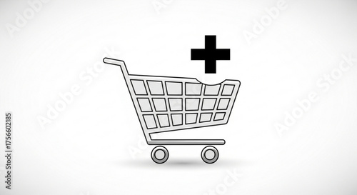 Shopping cart with a plus sign, symbolizing adding items to a purchase or increasing quantity in retail