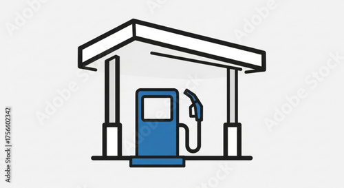 A simple gas station icon with a fuel pump under a canopy, representing energy, transportation and automotive service