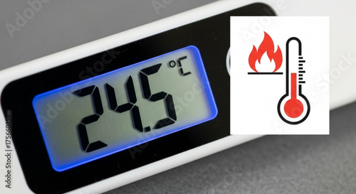Digital thermometer displaying 245 degrees celsius with a hot temperature icon, indicating a fever or high body temperature