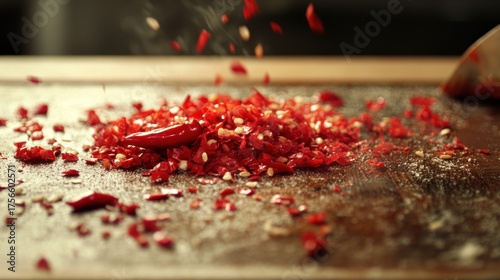 Chopped chili peppers falling on wooden cutting board, kitchen scene