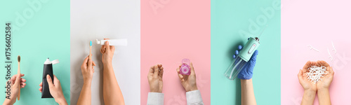 Collage of hands holding tooth brushes, paste, dental floss, toothpicks and oral irrigator on color background, top view