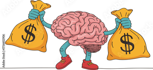 Cartoon brain character holding two money bags with dollar signs vector.
