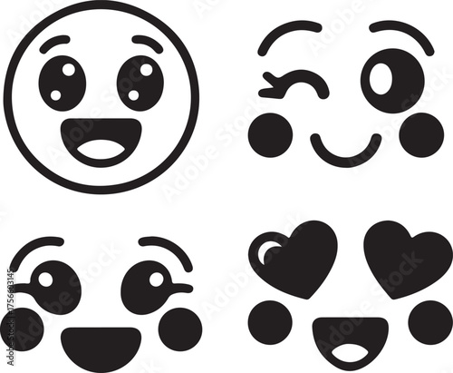 Cute Kawaii Style Emoji Faces Set