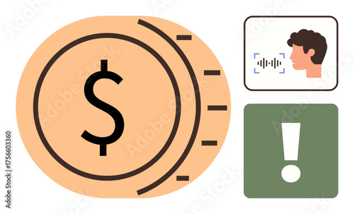 Dollar coin, profile with voice analysis lines, and exclamation mark for financial security, voice authentication, and alerts. Ideal for technology, banking, communication, and education concepts
