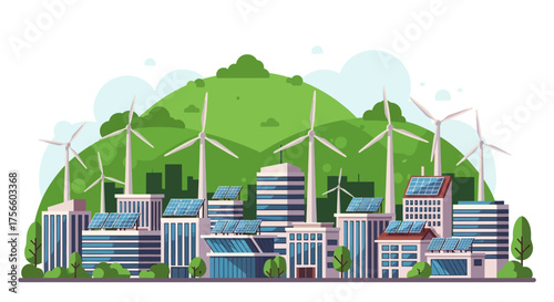 Vector Illustration of Sustainable Cityscape with Wind Turbines and Green Hill in Modern Eco Style