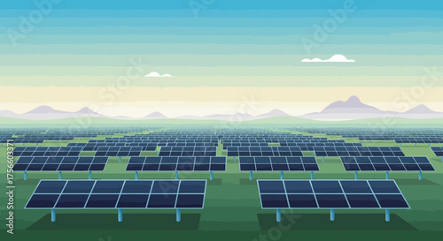 Vector Illustration of Solar Panel Farm in Modern Geometric Style with Blue and Green Colors