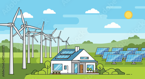 Vector Illustration of Renewable Energy Eco Home with Wind Turbines and Solar Panels in Modern Minimalist Style with Blue Green Color Palette