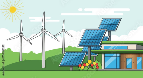 Vector Illustration of Solar Panel House with Wind Turbines in Modern Eco Style