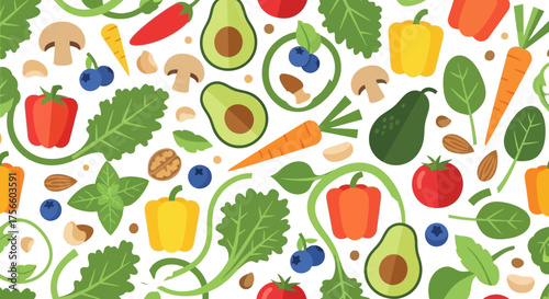 Vector Pattern of Vegetables and Fruits in Modern Organic Style with Bright Color Palette