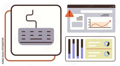 Keyboard alongside dashboards showing graphs, charts, and warning alert. Ideal for technology, data analysis, business, IT management, troubleshooting productivity decision-making. Simple flat