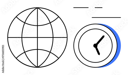 Globe representing worldwide connections paired with a clock symbolizing time coordination. Ideal for communication, globalization, international travel, scheduling, time zones, collaboration