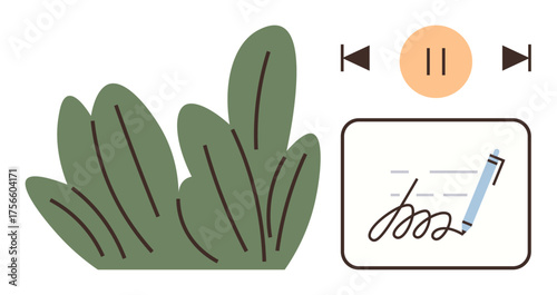 Green leaves, a pen signing on a document, and audio control icons. Ideal for technology, workflow, environment, e-signature, automation multimedia digital transformation themes. Simple flat