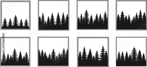 Forest silhouette vector set, black conifer tree icons, scenic clipart bundle, layered pine shapes for design, abstract, seasonal, landscape, and nature use