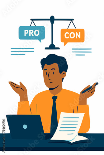 Person Weighing Pros and Cons Using Digital Information Vector